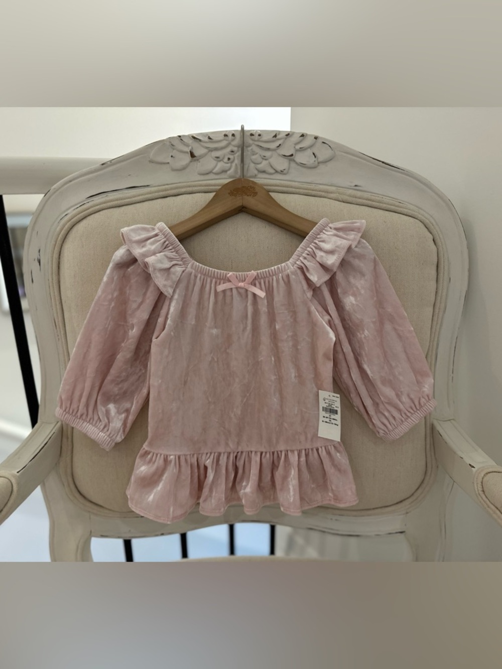 🩰 3T Ballet Pink Soft Velvet Princess Girls Puff Sleeve Ruffle Peasant Top NWT
